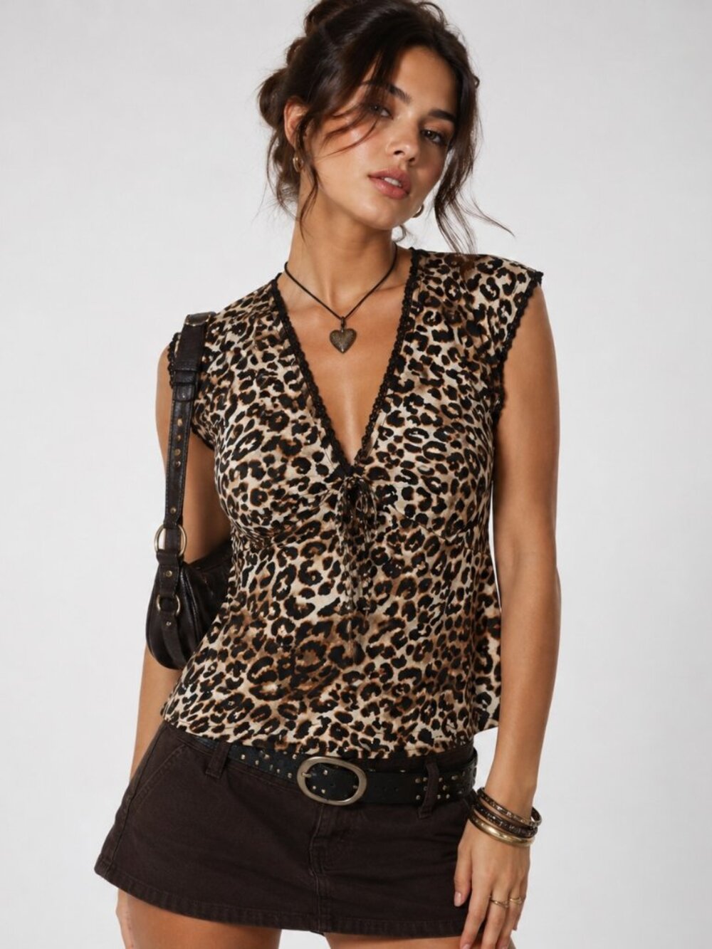 Y2K Leopard Print Lace Trim Tie Front Top Baby Tee Mob Wife Coquette Grunge S